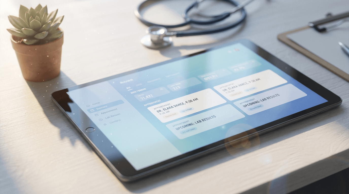 Medical assessment tools and telehealth app interface ready for patient consultation