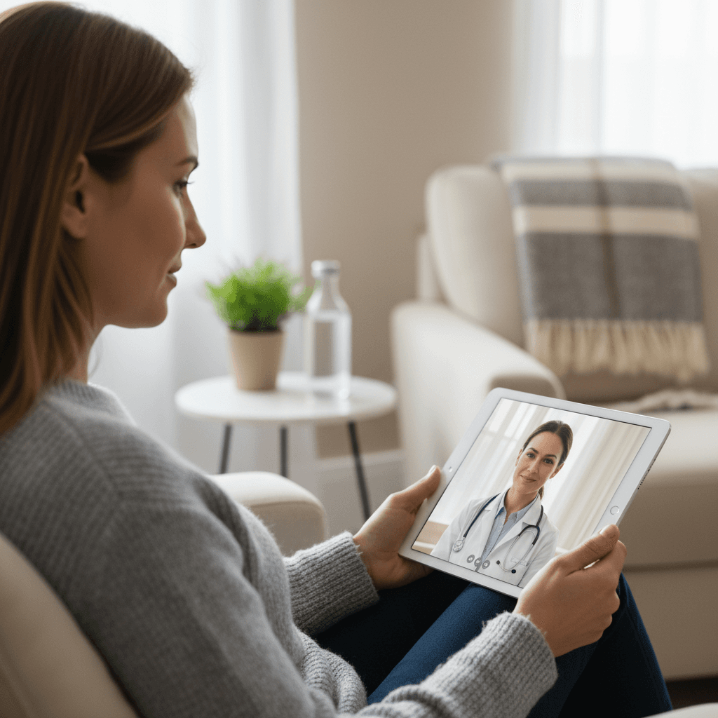 Patient having a secure telehealth video consultation with their healthcare provider