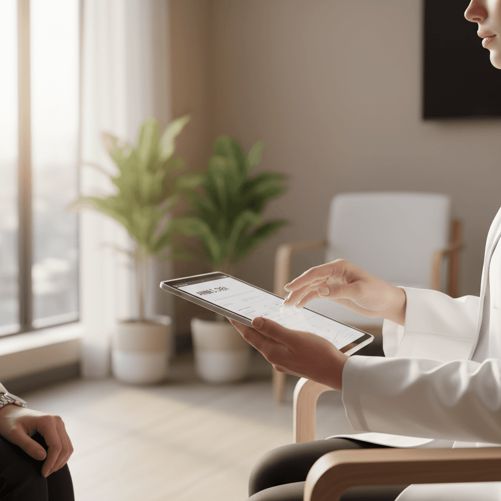 Healthcare provider reviewing patient health metrics on tablet during telehealth consultation