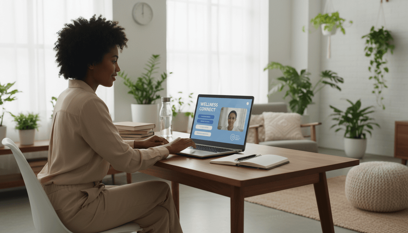 Patient engaged in a telehealth consultation from home, taking notes and smiling