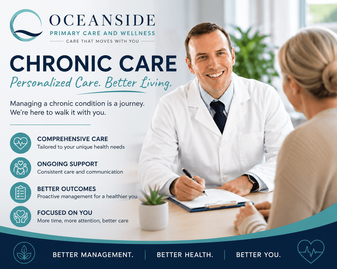 Smiling doctor consults a patient for Oceanside Primary Care's personalized chronic care services.