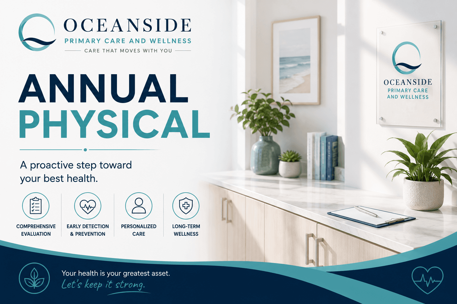 Oceanside Primary Care and Wellness advertisement for annual physicals in a bright medical office.