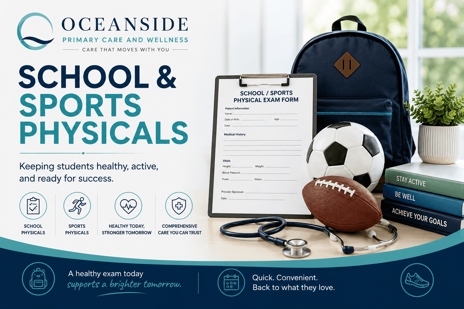 School and sports physicals advertisement with a medical form, soccer ball, football, and stethoscope.