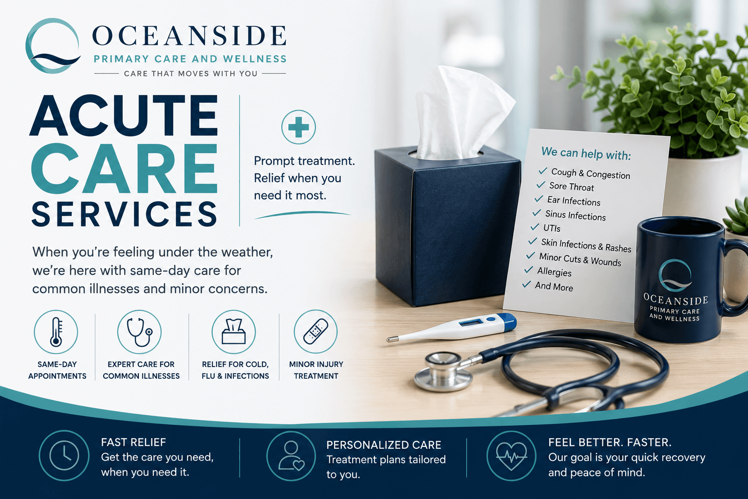Oceanside Primary Care advertisement for acute care services featuring a stethoscope, thermometer, and tissues.