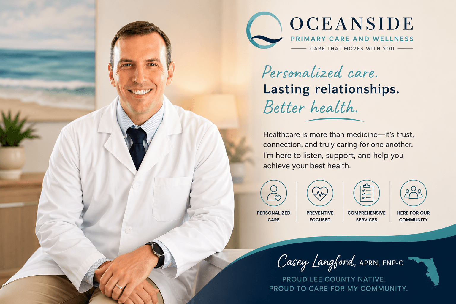 Smiling male healthcare professional in a white coat for Oceanside Primary Care and Wellness.