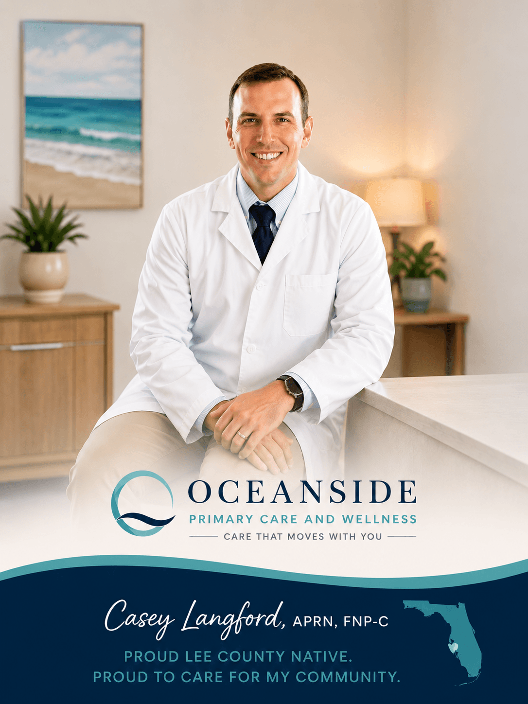 Smiling nurse practitioner Casey Langford in a white lab coat at Oceanside Primary Care.