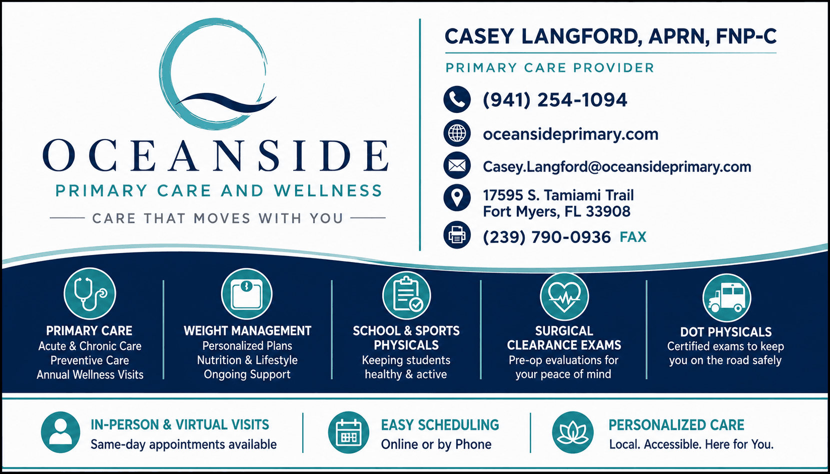 Oceanside Primary Care and Wellness card for Casey Langford, APRN, listing services and contact details.